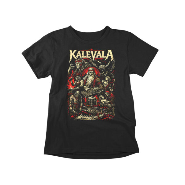Näyttävä Kalevala-mytologiapaita. Kansalliseepoksen sankarit, Pohjolan myytit ja legendaarinen suomalainen perinne samassa paidassa.