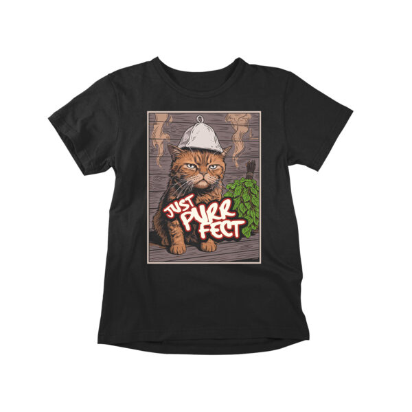 Funny cat t-shirt showing a cute kitty sitting in a sauna, looking unhappy.